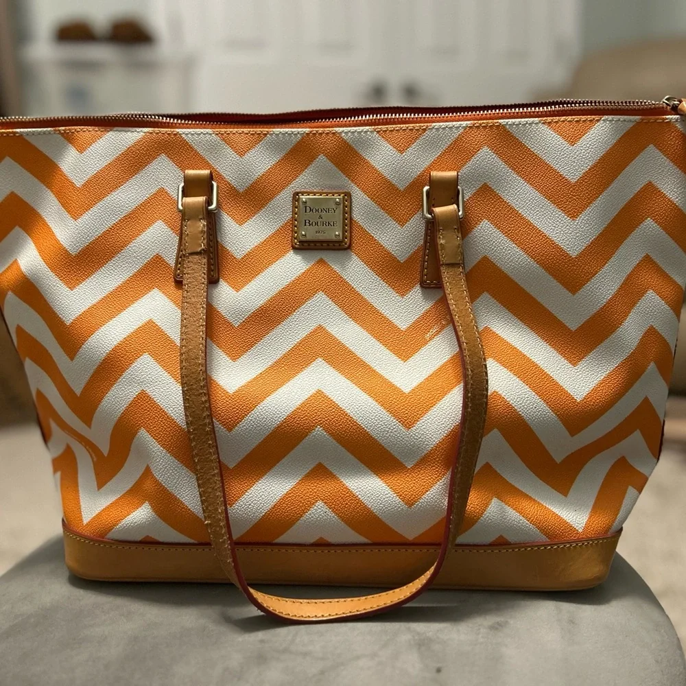Dooney & Bourke Orange and White Chevron Tote - Picture 1 of 3